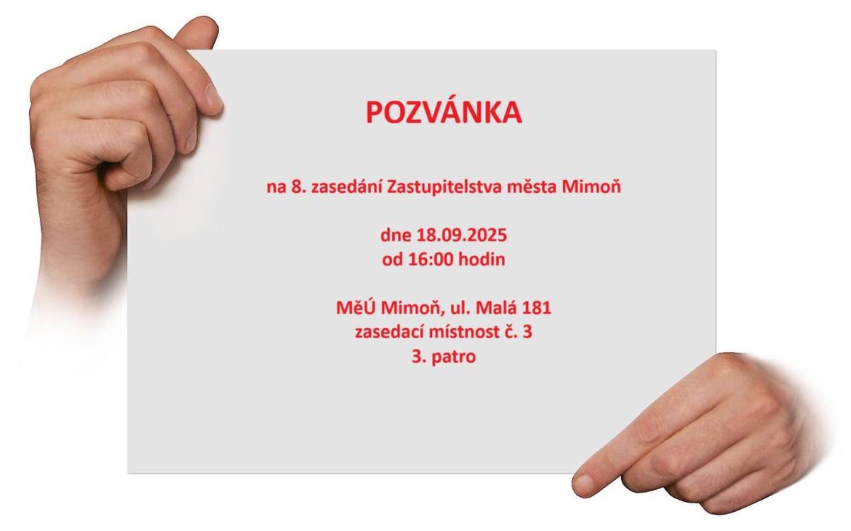 Starosta města Mimoň zve občany na 8. zasedání ZaMě, které se koná dne 18.září 2025 v zasedací místnosti č. 3, budova C MěÚ, Malá ul. 181, 3. patro.