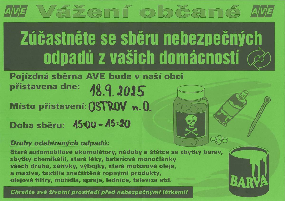 18.9.2025 proběhne svoz nebezpečného odpadu. Ostrov nad Oslavou 15:00 -15:20 Suky 15:25-15:15:30