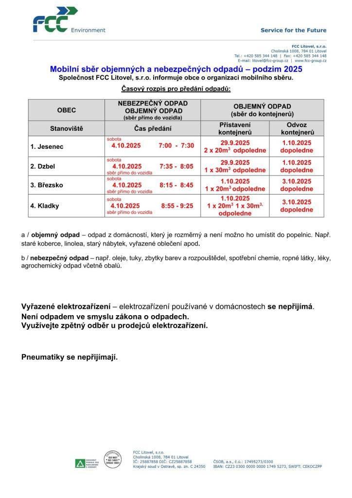 Mobilní sběr velkoobjemového a nebezpečného odpadu - podzim 2025