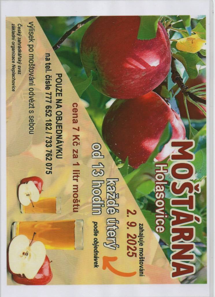 Od 2. září 2025 začíná moštování v ovoce. Cena je 7 Kč za litr moštu.