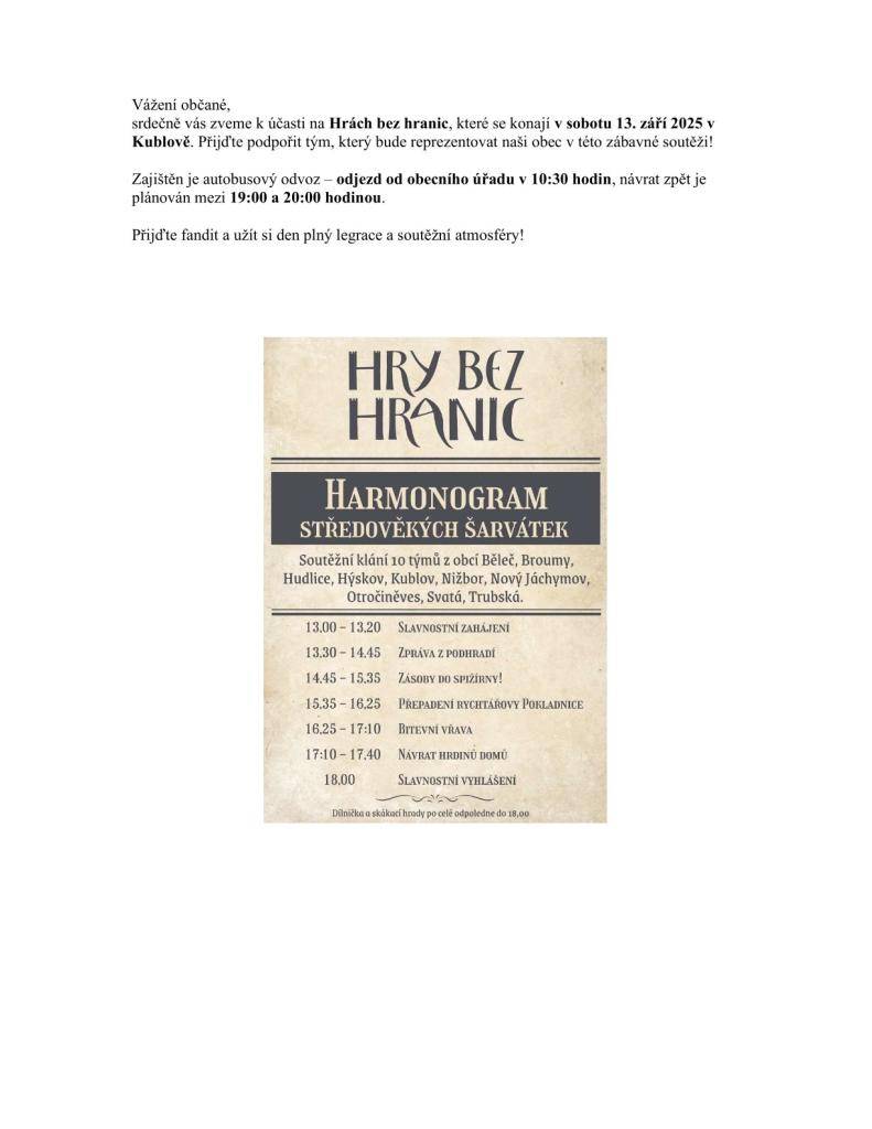 Vážení občané, srdečně vás zveme k účasti na Hrách bez hranic, které se konají v sobotu 13. září 2025 v Kublově.  Zajištěn je autobusový svoz.