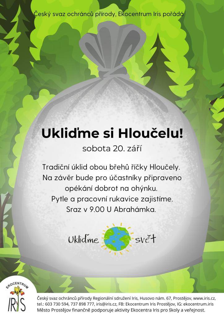 Přijďte se zapojit do tradičního úklidu břehů říčky Hloučely, který se koná v sobotu 20. září. Na závěr akce si užijeme opékání dobrot na ohýnku.