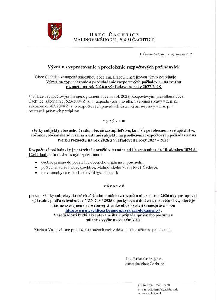 Výzva na predloženie požiadaviek na tvorbu rozpočtu na rok 2026