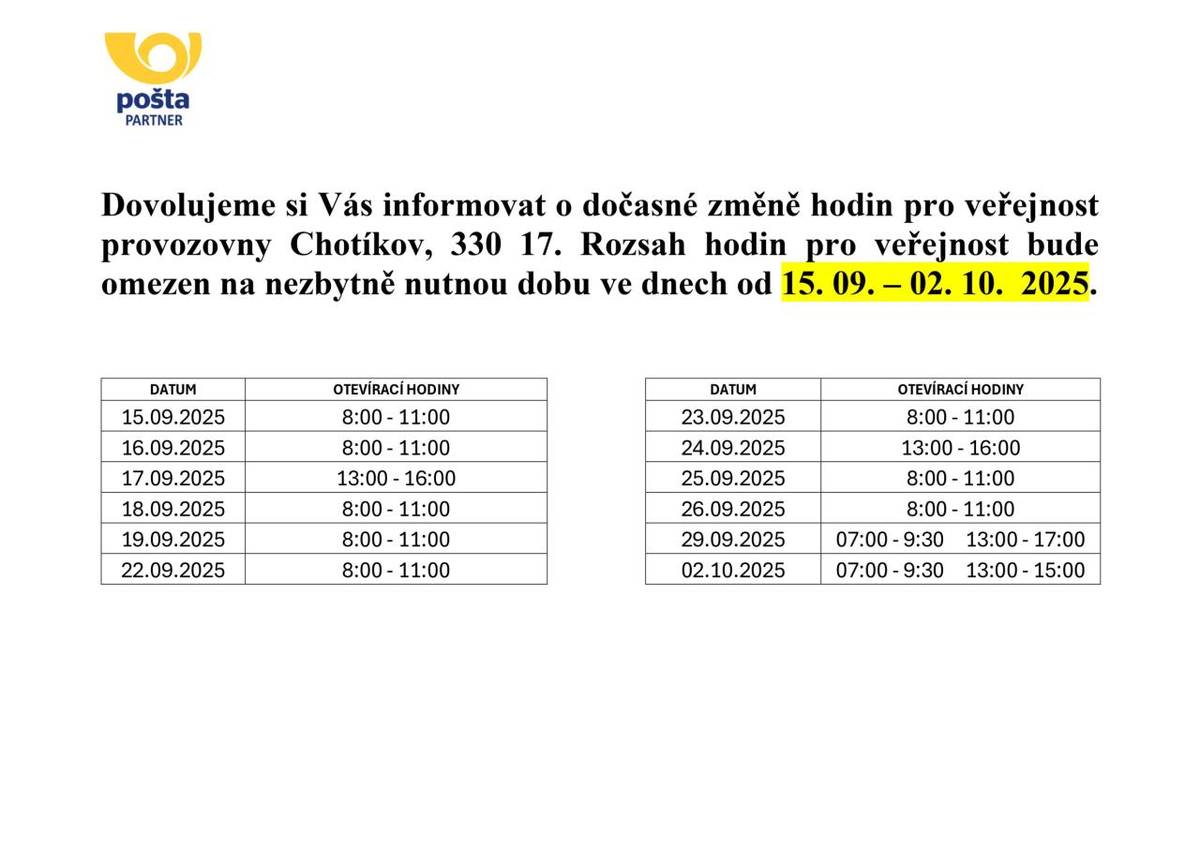 POŠTA - změna provozní doby ve dnech od 15. 09. - 02. 10. 2025