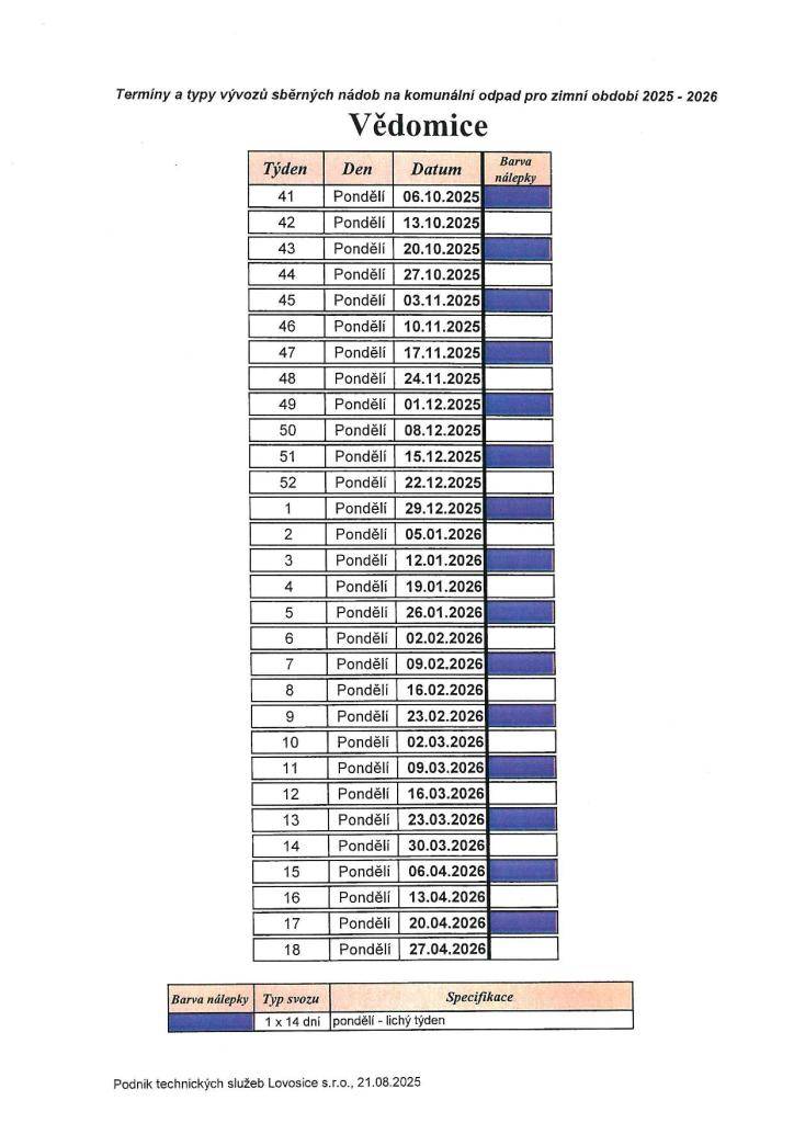 Podnik technických služeb Lovosice  zveřejňuje plán vývozu sběrných nádob na komunální odpad pro rok 2025/2026
