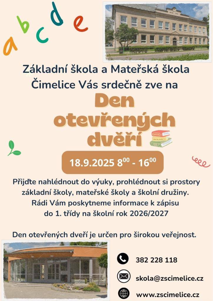 18.9.2025 se koná Den otevřených dveří ve škole i ve školce ZŠ a MŠ Čimelice. Navštívit ji může široká veřejnost od 8 do 16h.