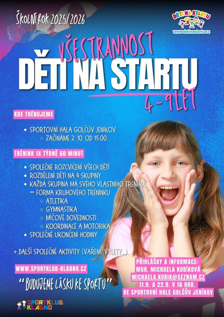 Projekt "Děti na startu" je sportovní kroužek pro děti od 4 do 9ti let. Děti si na něm vybudují lásku ke sportu, najdou nové přátele a zažijí spoustu zábavy!