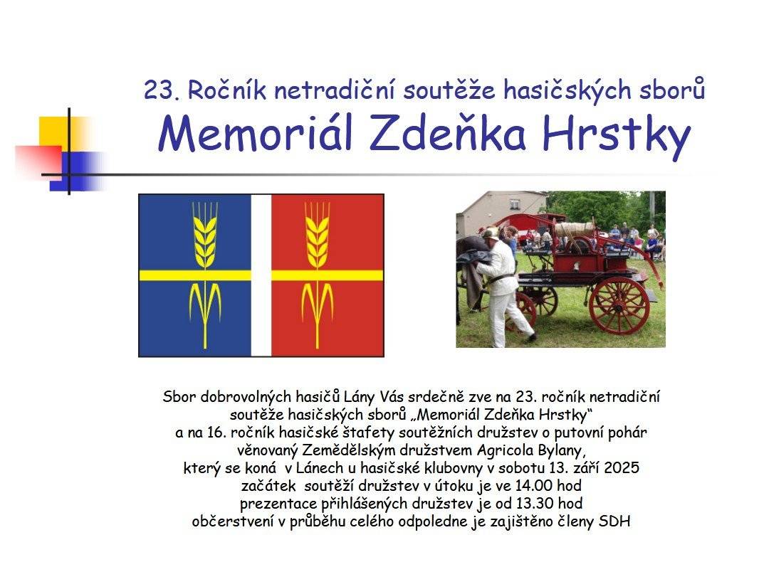 Pozvánka na Memoriál Zdeňka Hrstky, který se koná tuto sobotu, 13. 9. 2025. Více v příloze.
