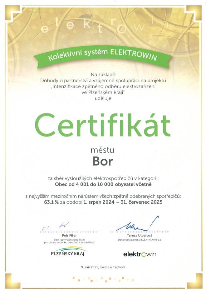 Díky Vašemu zodpovědnému přístupu k třídění elektrospotřebičů a elektrických zařízení se naše město stalo vítězem soutěže „My už třídit umíme!“   Děkujeme všem, kteří třídí – má to skutečně smysl!  Pokračujme v tom společně a chraňme naše životní prostředí.
