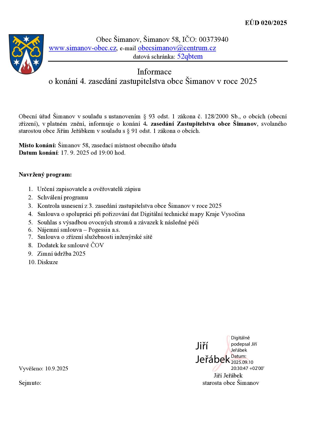 Ve středu 17.9.2025 v 19.hodin, Šimanov 58, budova obecního úřadu