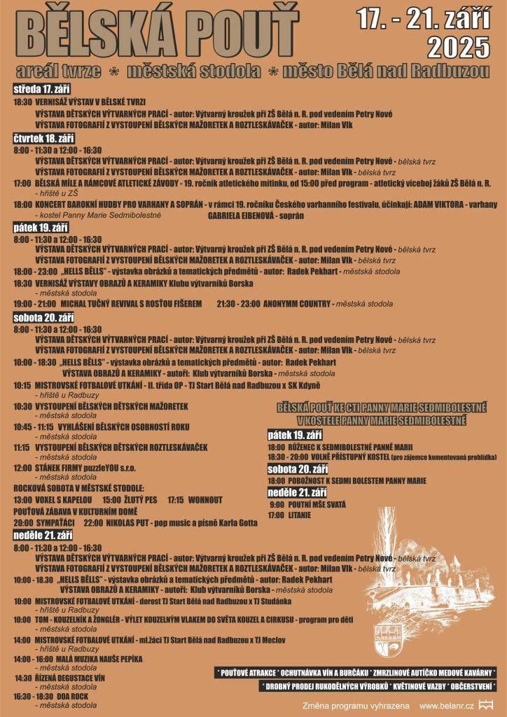 Město Bělá nad Radbuzou Váz zve na BĚLSKOU POUŤ a její bohatý program. Ta se uskuteční od středy 17.9. a končí v neděli 21.9. 2025.