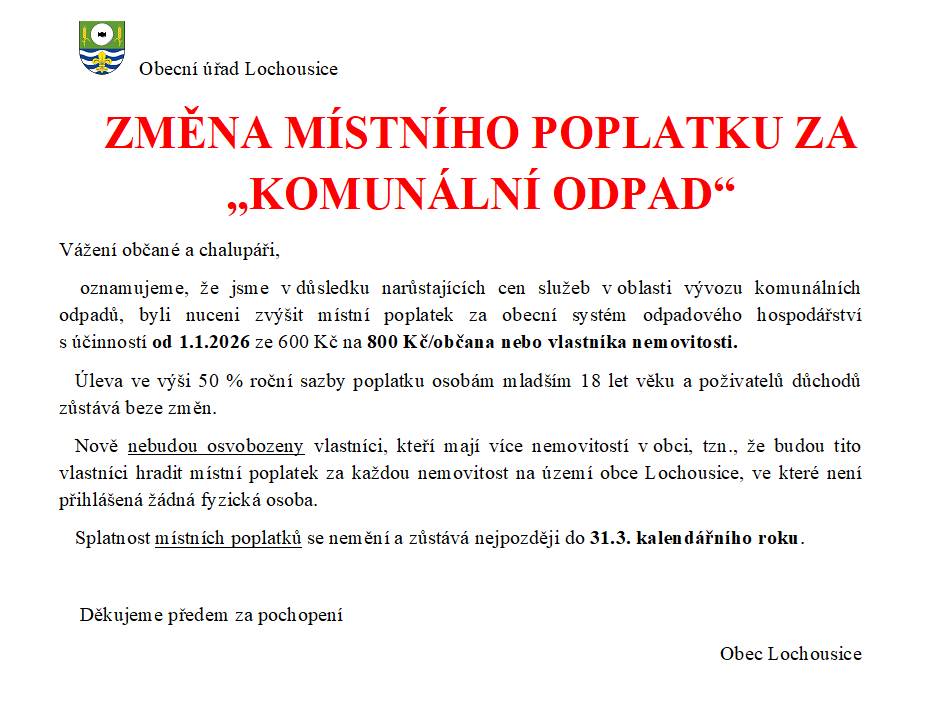 Oznámení o změně místního poplatku za obecní systém odpadového hospodářství od 1.1.2026