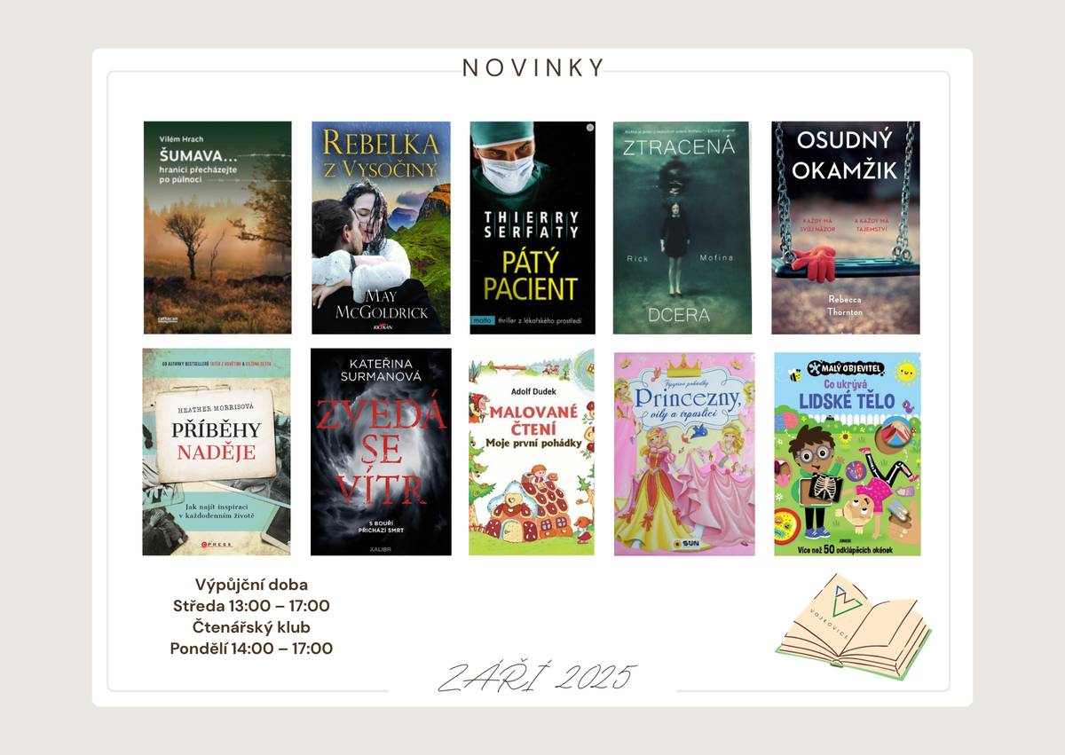 Do naší knihovny dorazila čerstvá dávka příběhů plných napětí, romantiky, dobrodružství i inspirace! Najdete mezi nimi thrillery, romány, motivační literaturu i knihy pro děti. ✨ Novinky v nabídce:   Vilém Hrach – Šumava… hranici přecházejte po půlnoci   May McGoldrick – Rebelka z Vysočiny   Thierry Serfaty – Pátý pacient   Rick Mofina – Ztracená dcera   Rebecca Thornton – Osudný okamžik   Heather Morrisová – Příběhy naděje   Kateřina Surmanová – Zvedá se vítr   a mnoho dalšího (časospisy pro děti i dospělé, hry ...)   🕒 Výpůjční doba: Středa 13:00 – 17:00 Přijďte si vybrat svou knižní novinku a objevte příběh, který vás vtáhne!