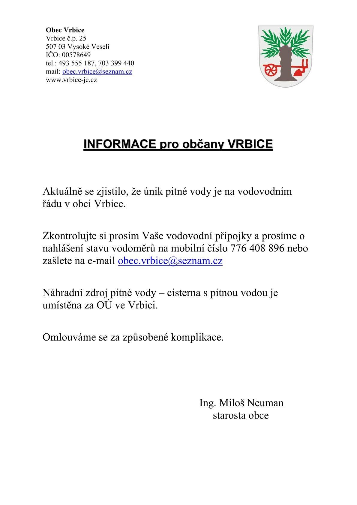 Informace - vodovod Vrbice