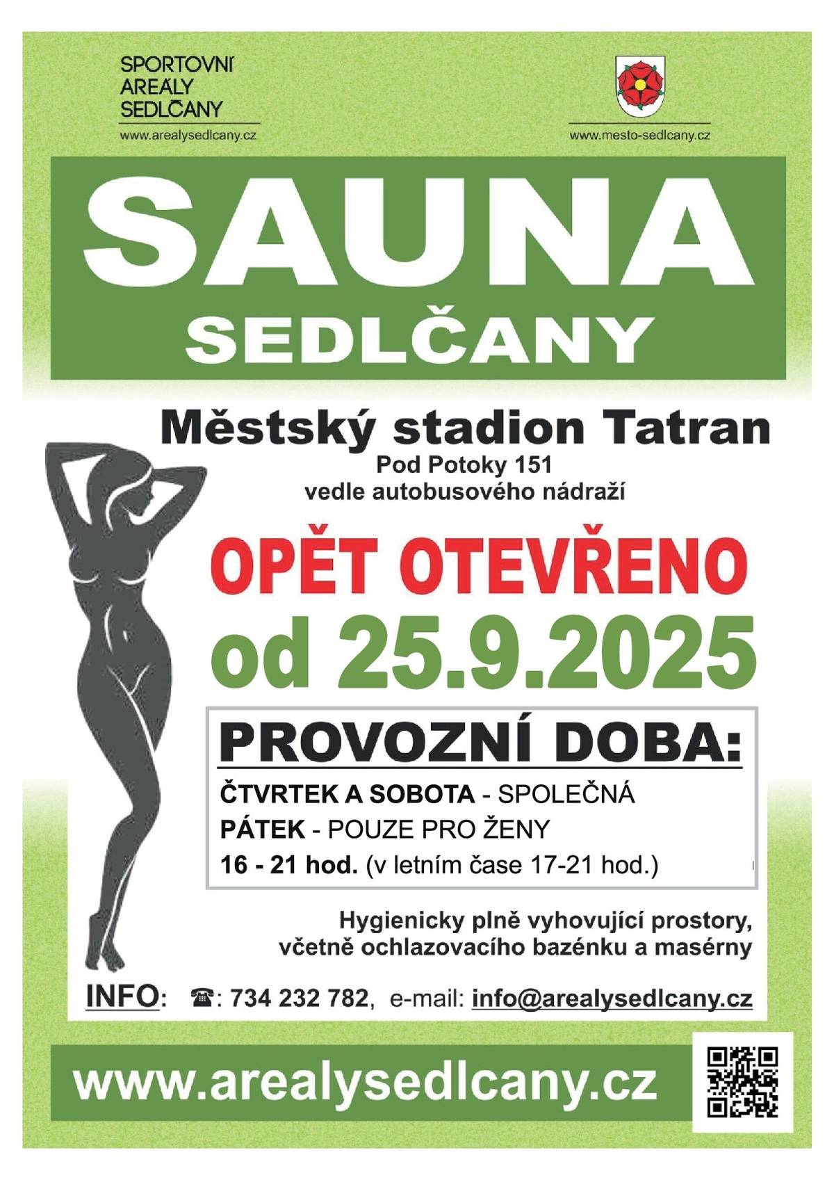 Od 25. září 2025 vás opět zveme k relaxaci v sauně 🧖♀️🧖♂️ 🕓 Provozní doba:  Čtvrtek – společná (16–21 h, v létě 17–21 h) Pátek – pouze ženy 👩 (16–21 h, v létě 17–21 h) Sobota – společná (16–21 h, v létě 17–21 h)  Přijďte si odpočinout a načerpat novou energii! 🌸