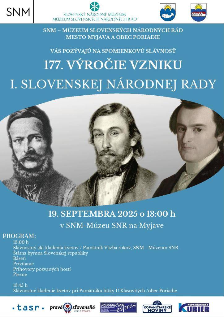 SNM – Múzeum Slovenských národných rád na Myjave, mesto Myjava a obec Poriadie vás pozývajú na spomienkové stretnutie usporadúvané pri príležitosti 177. výročia vzniku Prvej Slovenskej národnej rady.