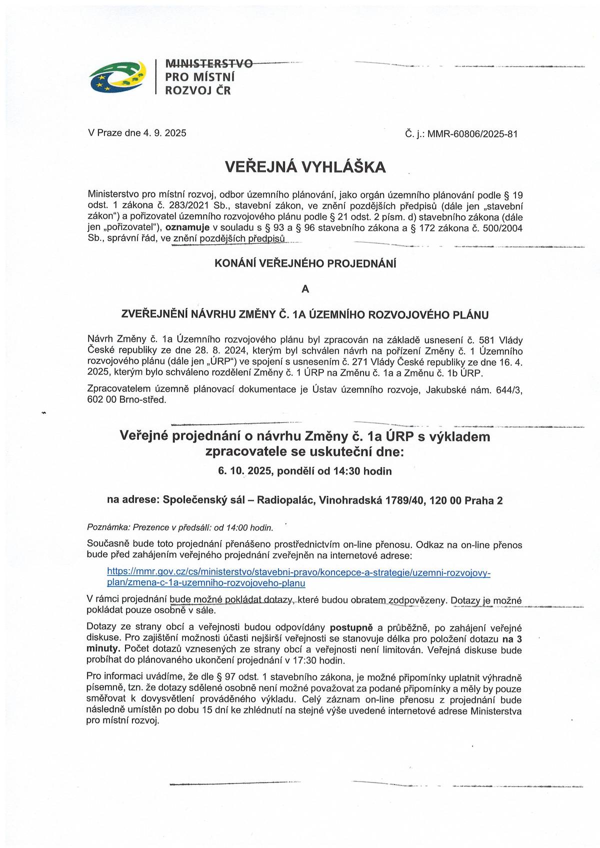 veřejná vyhláška- návrh změny č.1a územního rozvojového plánu