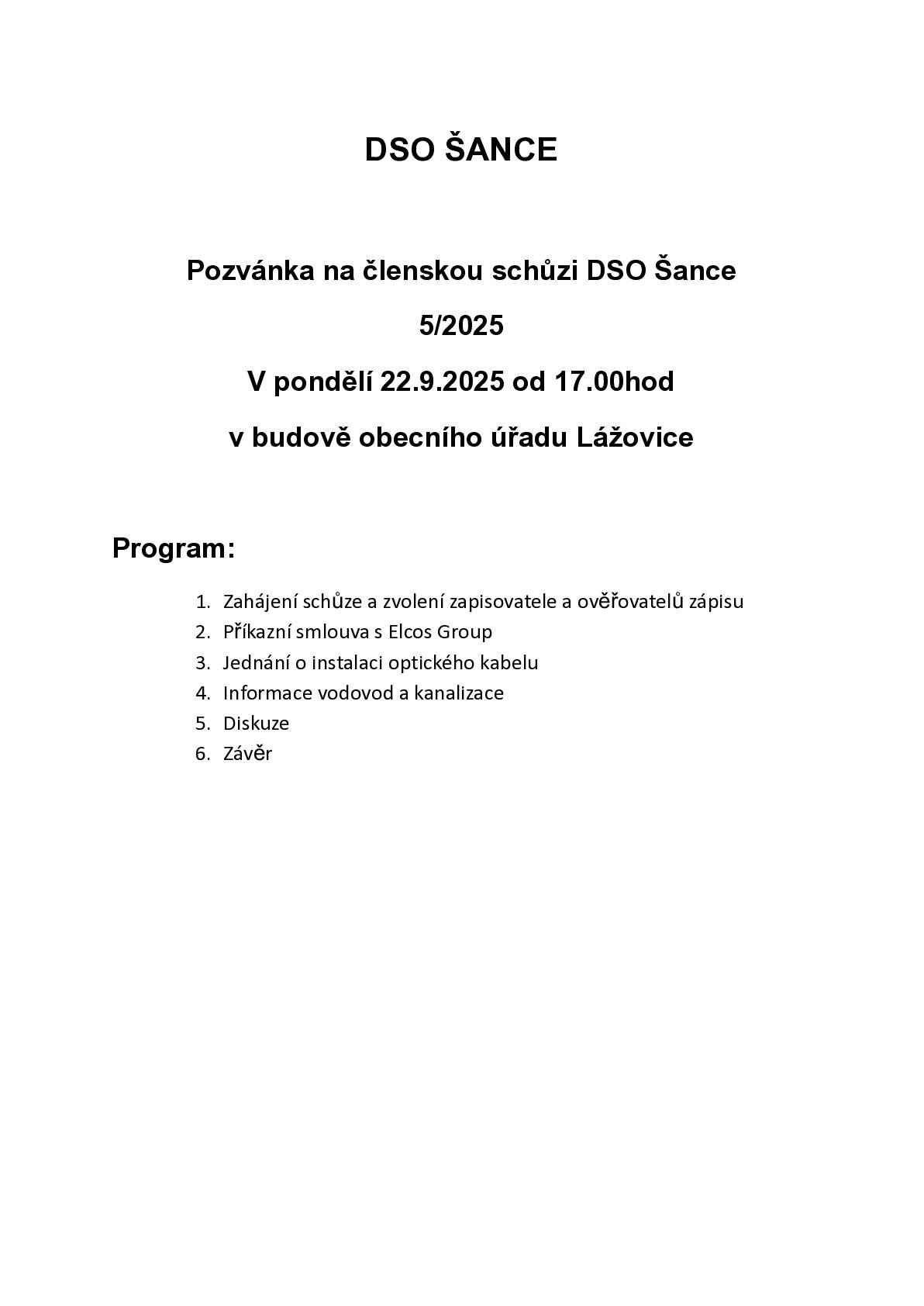 Pozvánka na členskou schůzi DSO Šance