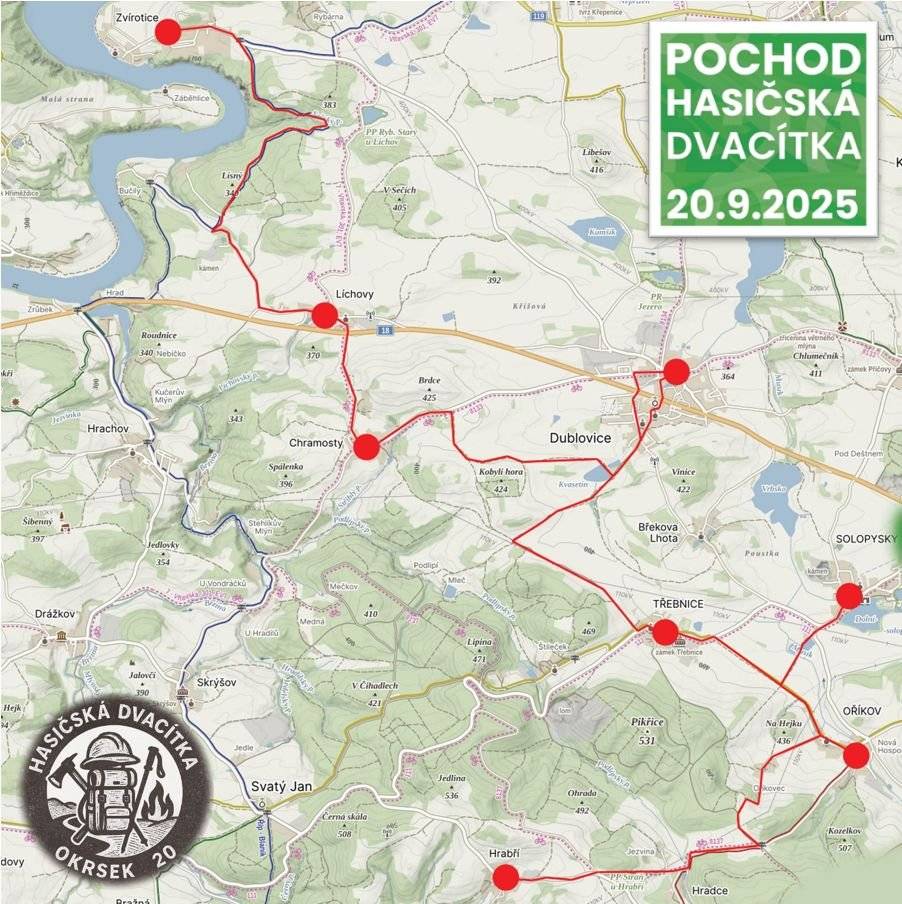 SDH Zvírotice pořádá v sobotu 20.9.2025 pochod "Hasičská dvacítka". Start: Hrabří (8:00 - 10:00), cíl: Zvírotice (do 18:00), délka trasy 22 km. Po cestě je pro vás připraveno občerstvení. V cíli, ve Zvíroticích je připravena zábava pro děti a pro dospělé cca v 18:00 hod. pokračujeme AFTERPARTY.