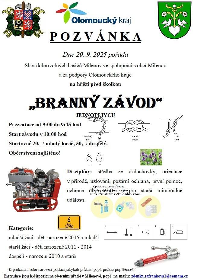 Zveme Vás na Branný Závod jednotlivců v sobotu 20.9.2025 v Milenově. Prezentace 9:00-9:45, start závodu 10:00.  Více informaci v přiloženém obrázku.