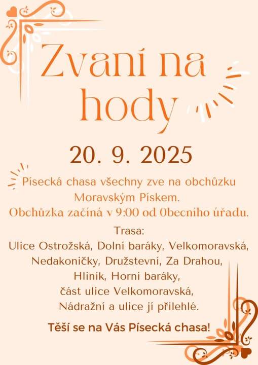 Písecká chasa srdečně zve všechny občany na obchůzku Moravským Pískem, která se koná v sobotu 20. září. Akce začíná v 9:00 od Obecního úřadu.