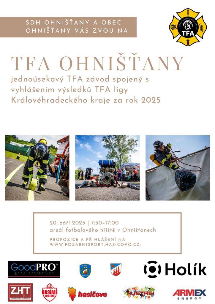 SDH Ohnišťany a obec Ohnišťany Vás zvou na závody TFA Ohnišťany, které se konají v sobotu 20. září od 7:30 hodin na fotbalovém hřišti.