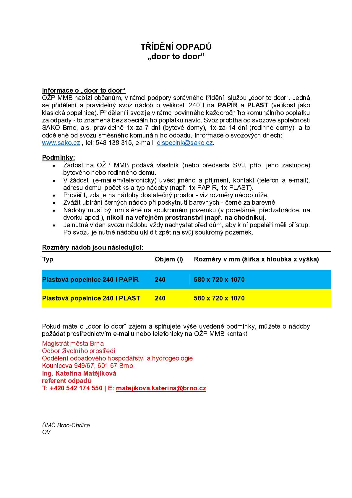 Informace o možnosti třídění odpadu.