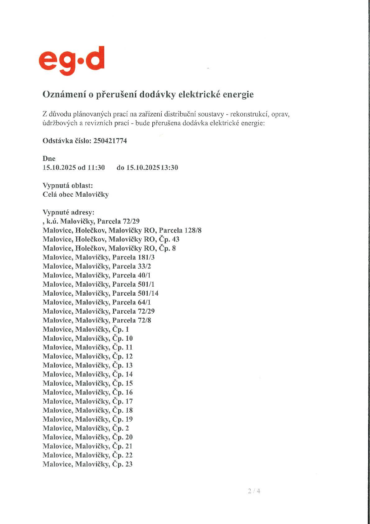 Přerušení dodávky elektrické energie v obci Malovičky Dne 15.10.2025 od 11:30 do 13:30.