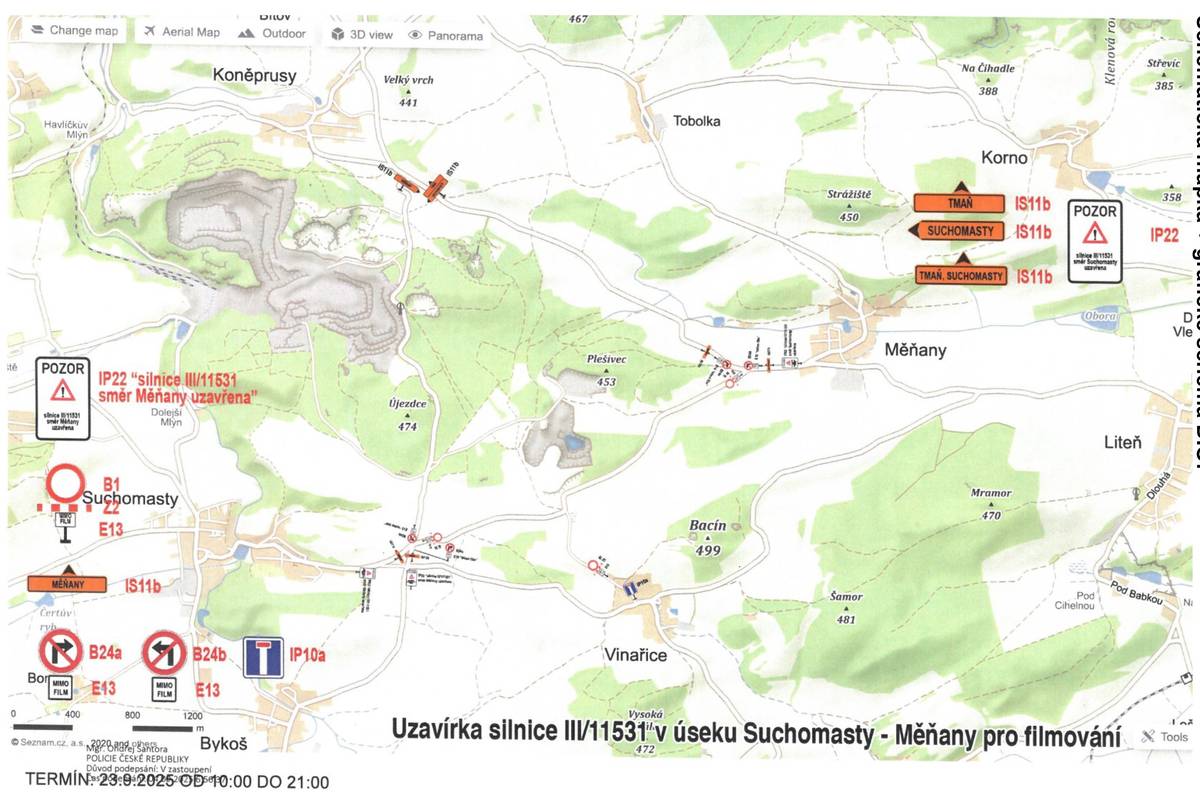 Dne 23. 09. 2025 v čase od 10:00 do 21:00 dojde k úplné uzavírce silnice č. III/11531 mezi obcemi Suchomasty a Měňany. Důvodem uzavírky je natáčení audiovizuální tvorby.