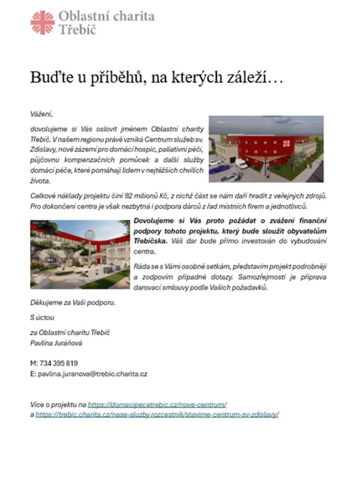 Oblastní charita Třebíč - žádost o finanční podporu Centra služeb sv. Zdislavy