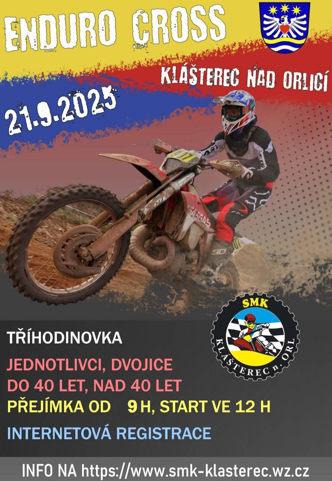 Obec Klášterec nad Orlicí a SMK Klášterec nad Orlicí srdečně zvou všechny příznivce motokrosu a adrenalinu na ENDURO CROSS, který se uskuteční v neděli 21. září 2025. Místo konání: Motokrosová trať Klášterec nad Orlicí Disciplíny: tříhodinovka – jednotlivci a dvojice, kategorie do 40 let a nad 40 let Přejímka od 9:00, start závodu ve 12:00 Registrace probíhá online na webu: www.smk-klasterec.wz.cz Přijďte podpořit závodníky a užít si jedinečnou sportovní atmosféru!
