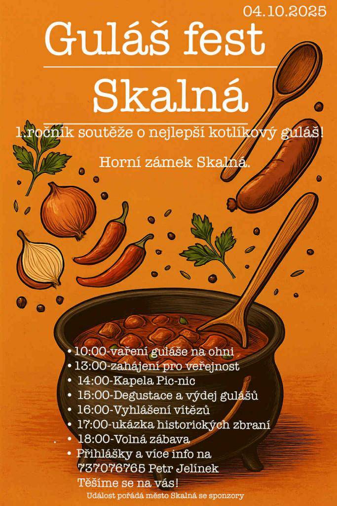 Město Skalná zve všechny občany a návštěvníky na Guláš fest Skalná, který se uskuteční v sobotu 4. října 2025 v areálu Horního zámku.    Těšit se můžete na soutěž o nejlepší kotlíkový guláš a doprovodný program.