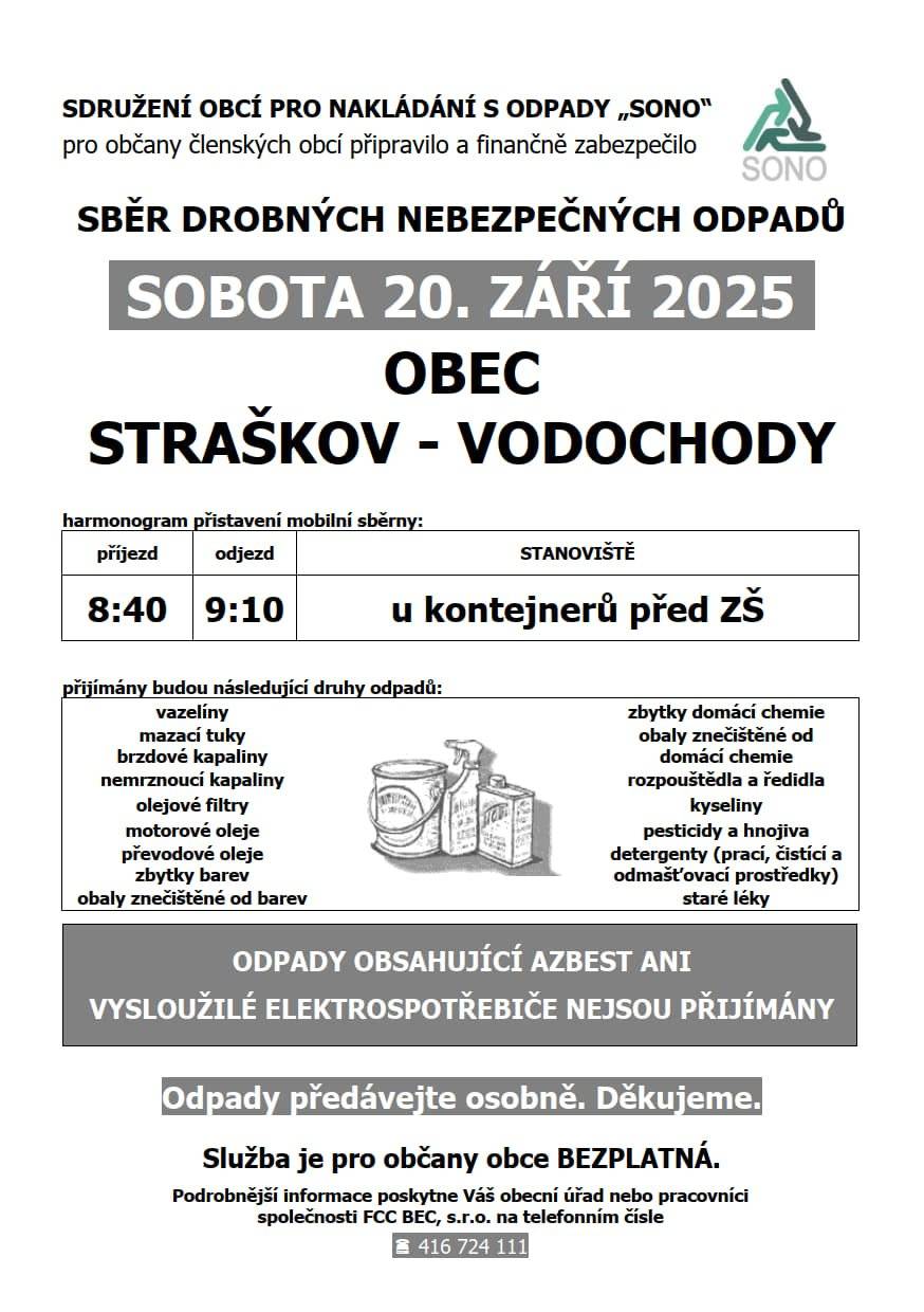 OBEC STRAŠKOV – VODOCHODY SBĚR DROBNÝCH NEBEZPEČNÝCH ODPADŮ SOBOTA 20. ZÁŘÍ 2025 harmonogram přistavení mobilní sběrny: příjezd 8:40 odjezd 9:10 STANOVIŠTĚ u kontejnerů před ZŠ přijímány budou následující druhy odpadů: vazelíny, zbytky domácí chemie, mazací tuky, brzdové kapaliny, obaly znečištěné od domácí chemie, nemrznoucí kapaliny, rozpouštědla a ředidla, olejové filtry, kyseliny, motorové oleje, pesticidy a hnojiva, převodové oleje, zbytky barev, detergenty (prací, čistící a odmašťovací prostředky), obaly znečištěné od barev, staré léky Odpady předávejte osobně. Děkujeme.