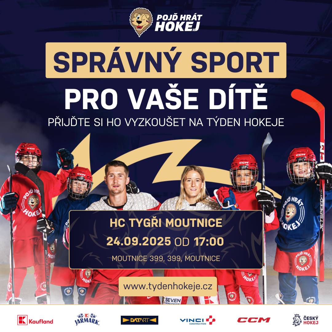 HC Tygři Moutnice ve středu 24. 9. 2025 od 17:00 hodin pářádá náborovou akci Týden hokeje, podrobné informace na stránkách www.pojdhrathokej.cz