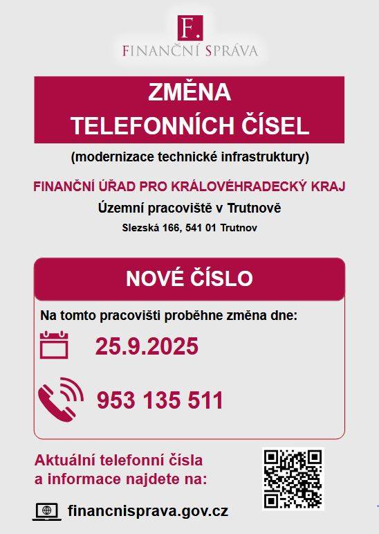 Finanční úřad pro Královehradecký kraj Územní pracoviště Trutnov, Slezská 166, 541 01 Trutnov mění od 25.9.2025 své telefonní číslo.  Nové telefoní číslo: 953 135 511
