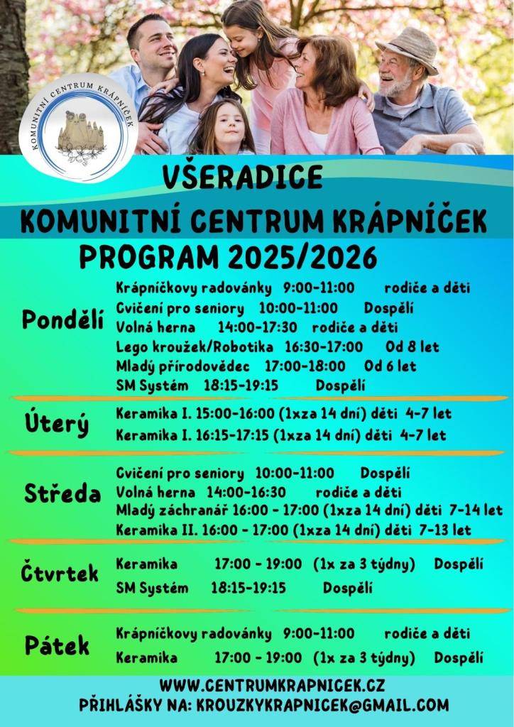 Komunitní centrum Krápníček nabízí kurzy a kroužky pro děti a dospělé. Více na info na www.centrumkrapnicek.cz.