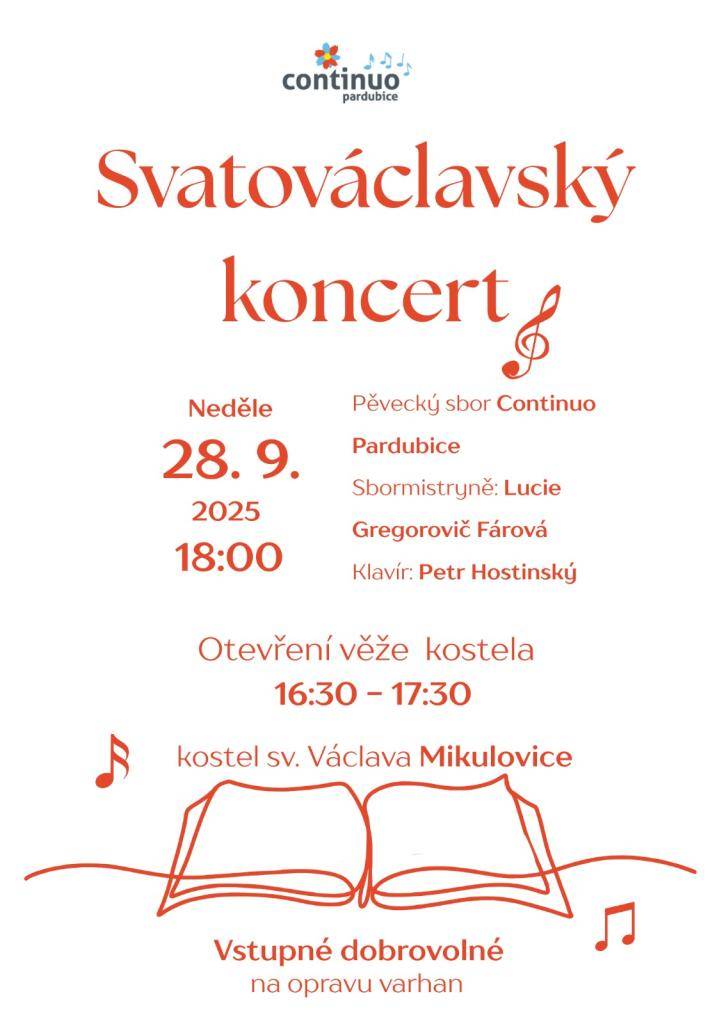 V neděli 28. září 2025 v 18:00 se v kostele sv. Václava v Mikulovicích koná Svatováclavský koncert. Pěvecký sbor Continuo, pod vedením sbormistryně Lucie Gregorovič Fárové, přinese posluchačům krásné hudební zážitky za doprovodu klavíristy Petra Hostinského.