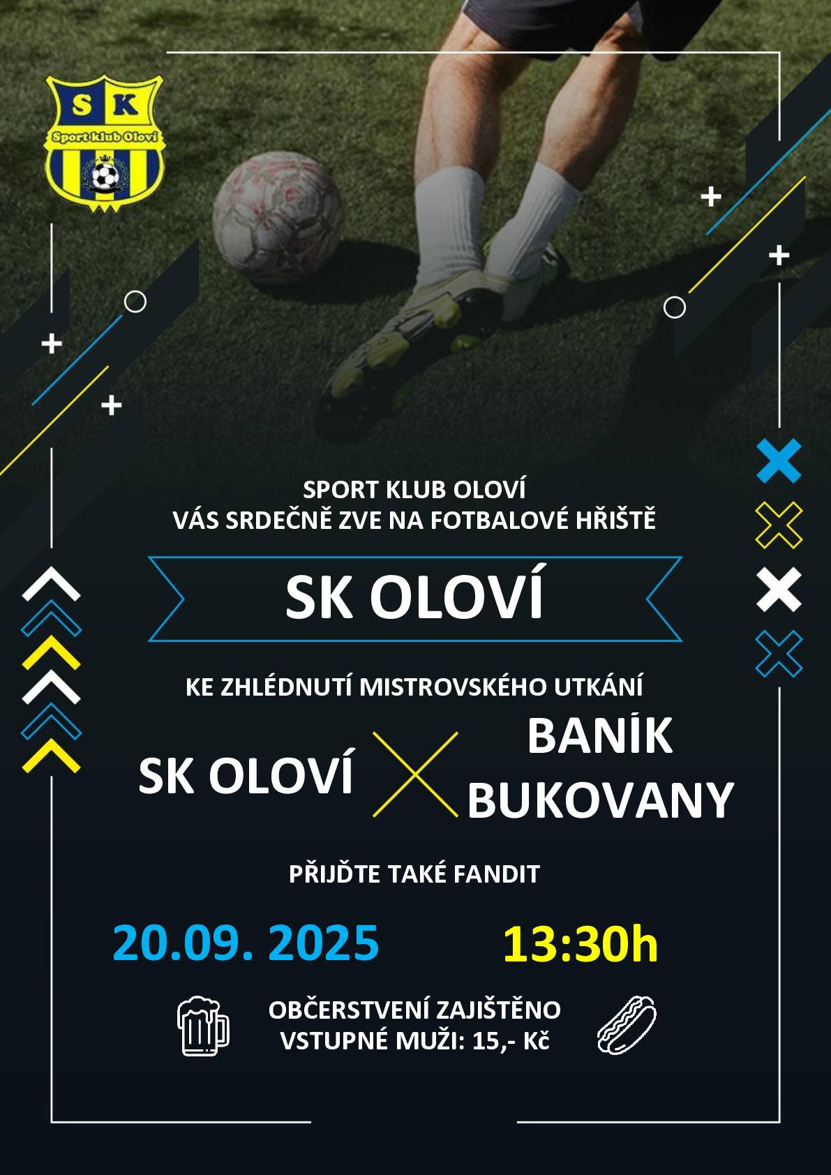 SK Oloví Vás srdečně zve na fotbalové utkání, které se uskuteční dne 20.09.2025 od 13:30 hod. na fotbalovém hřišti v Oloví.