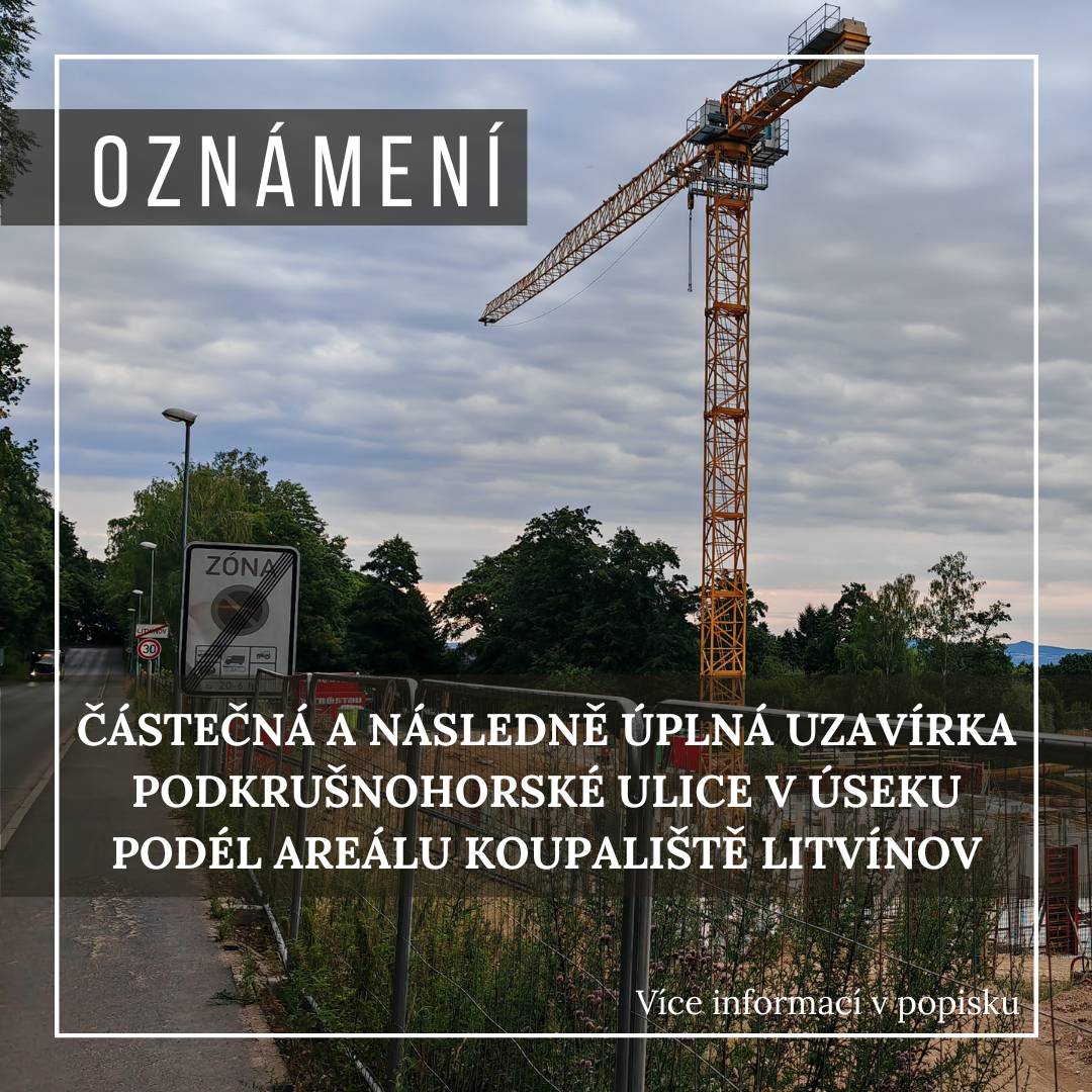 Upozorňujeme na částečnou a následně úplnou uzavírku Podkrušnohorské ulice v úseku podél areálu koupaliště v Litvínově. Omezení proběhne v následujících termínech:       🏗️Etapa I.: 25. 9.–2. 10. 2025   ➡️ Uzavřen jeden jízdní pruh ve směru na Litvínov   🚶♀️ Průchod pro pěší zajištěn       🏗️Etapa II.: 3. 10.–5. 11. 2025    ⬅️ Uzavřen jeden jízdní pruh ve směru na Lom   🚫 Průchod pro pěší uzavřen       🏗️Etapa III.: 5. 11.–25. 11. 2025    🚧 Úplná uzavírka komunikace   🚫 Průchod pro pěší uzavřen       🚌 Autobusová doprava bude během částečných uzavírek zajištěna bez omezení dle platných jízdních řádů.   📌 Před začátkem úplné uzavírky budou informace o úpravách MHD vyvěšeny přímo na zastávkách.       Děkujeme za pochopení a trpělivost. 🙏