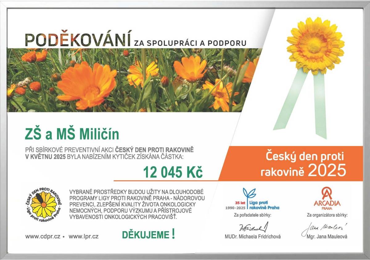 V květnu 2024 se uskutečnila sbírková akce "Český den proti rakovině", jejímž cílem bylo zvýšit povědomí o prevenci nádorových onemocnění. Děkujeme všem, kteří se zapojili a přispěli částkou 12 045 Kč.