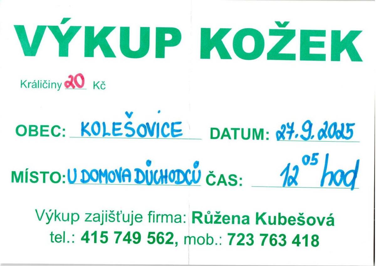 V obci Kolešovice proběhne výkup králičích kožek, který zajišťuje firma Růžena Kubešová. Akce se koná u Domova důchodců, podrobnosti a kontakty naleznete níže.