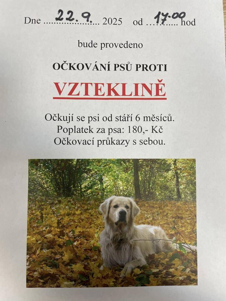 Očkování psů proti vzteklině se uskuteční 22.9. 2025 od 17:00 na návsi obce Chmelná. Více infomací viz. plakát.