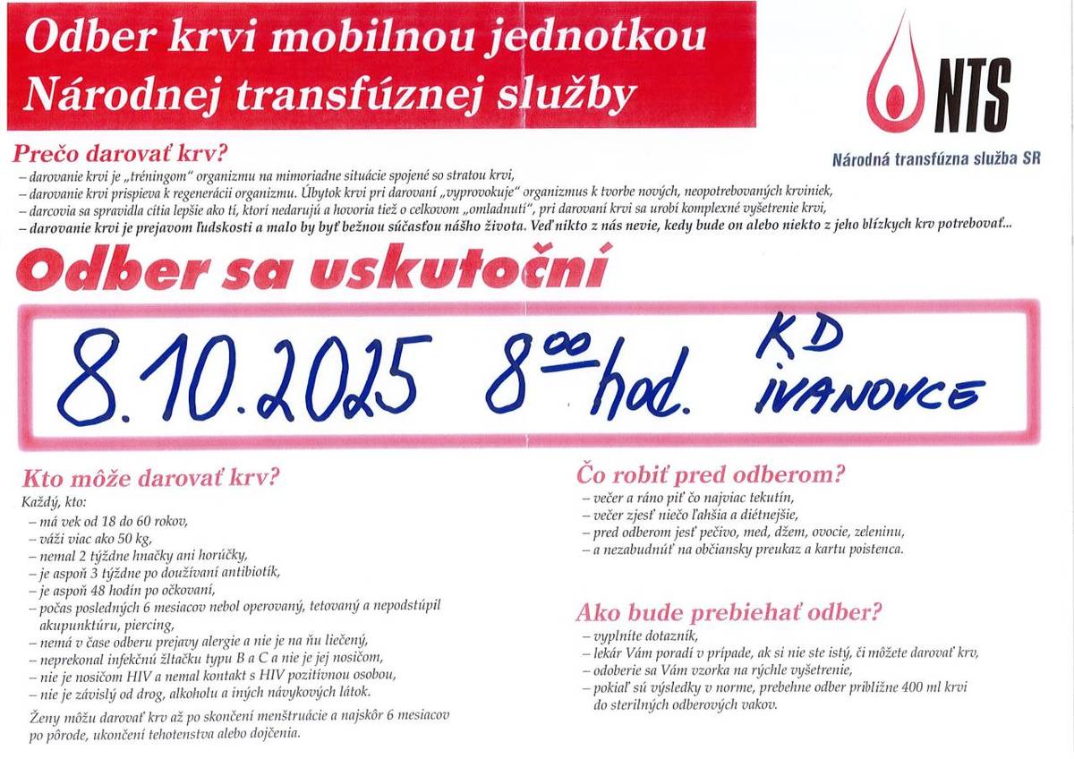 Darovanie krvi - Ivanovce