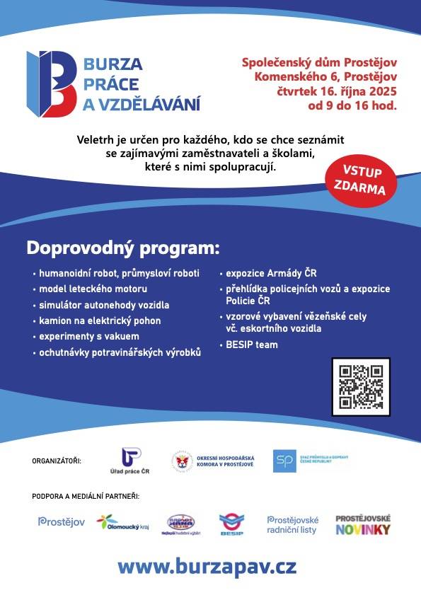Ve čtvrtek 16. října 2025 od 9 do 16 hodin se ve Společenském domě v Prostějově uskuteční Burza práce a vzdělávání pro všechny, kteří hledají inspiraci pro svou kariéru či studium.