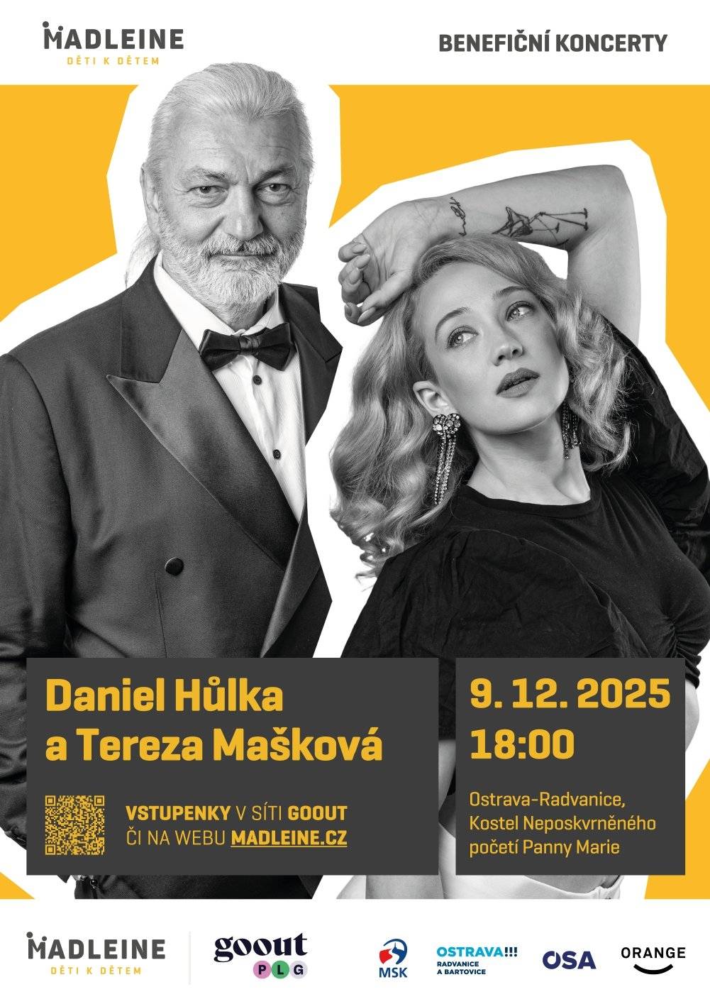 Vážení občané, městský obvod Radvanice a Bartovice se i letos zapojuje do pořádání Benefičního koncertu Spolku Madleine, jehož výtěžek pomůže dětem z dětských domovů. V úterý 9. prosince 2025 od 18:00 hodin se v Kostele Neposkvrněného početí Panny Marie v Ostravě-Radvanicích představí dva výjimeční hosté –Daniel Hůlka a Tereza Mašková. Nenechte si ujít tento jedinečný kulturní zážitek a současně možnost podpořit dobrou věc. Pro občany Radvanic a Bartovic je připraven zvýhodněný předprodej vstupenek za 500 Kč. Zakoupit je lze osobně v kanceláři č. B2 ve vedlejší budově radnice MO, případně rezervovat na tel. č. 599 416 113 (p. Šárka Sarah Slavíková).  Počet zvýhodněných vstupenek je omezen na 52 kusů – doporučujeme proto neváhat. Standardní vstupenky jsou k dispozici také v síti GoOut a na webu Madleine.cz za cenu 550 Kč. Zvýhodněná cena platí výhradně při předprodeji pro občany Radvanic a Bartovic.“