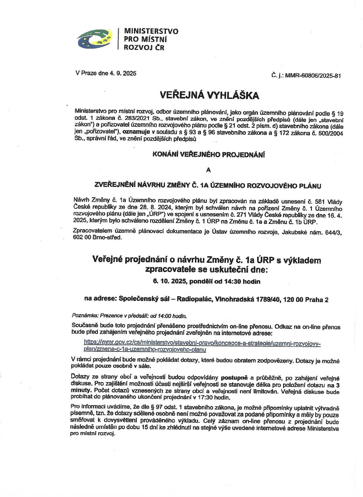 veřejná vyhláška ministerstva pro místní rozvoj
