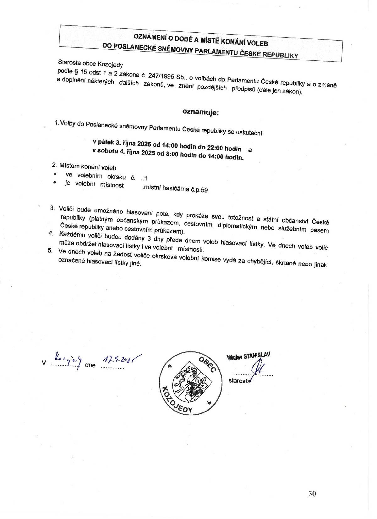 Volby do poslanecké sněmovny-datum a místo