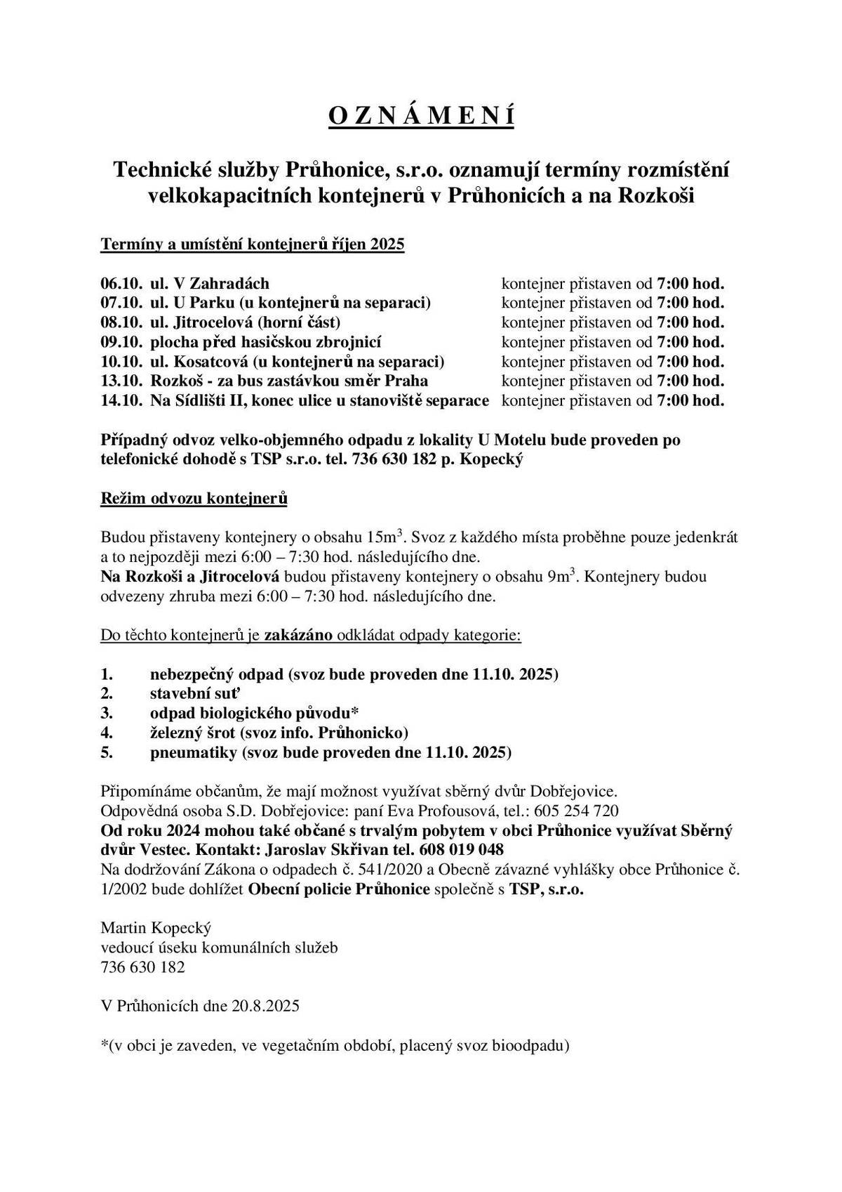 Oznámení termínů rozmístění velkokapacitních kontejnerů v Průhonicích a na Rozkoši