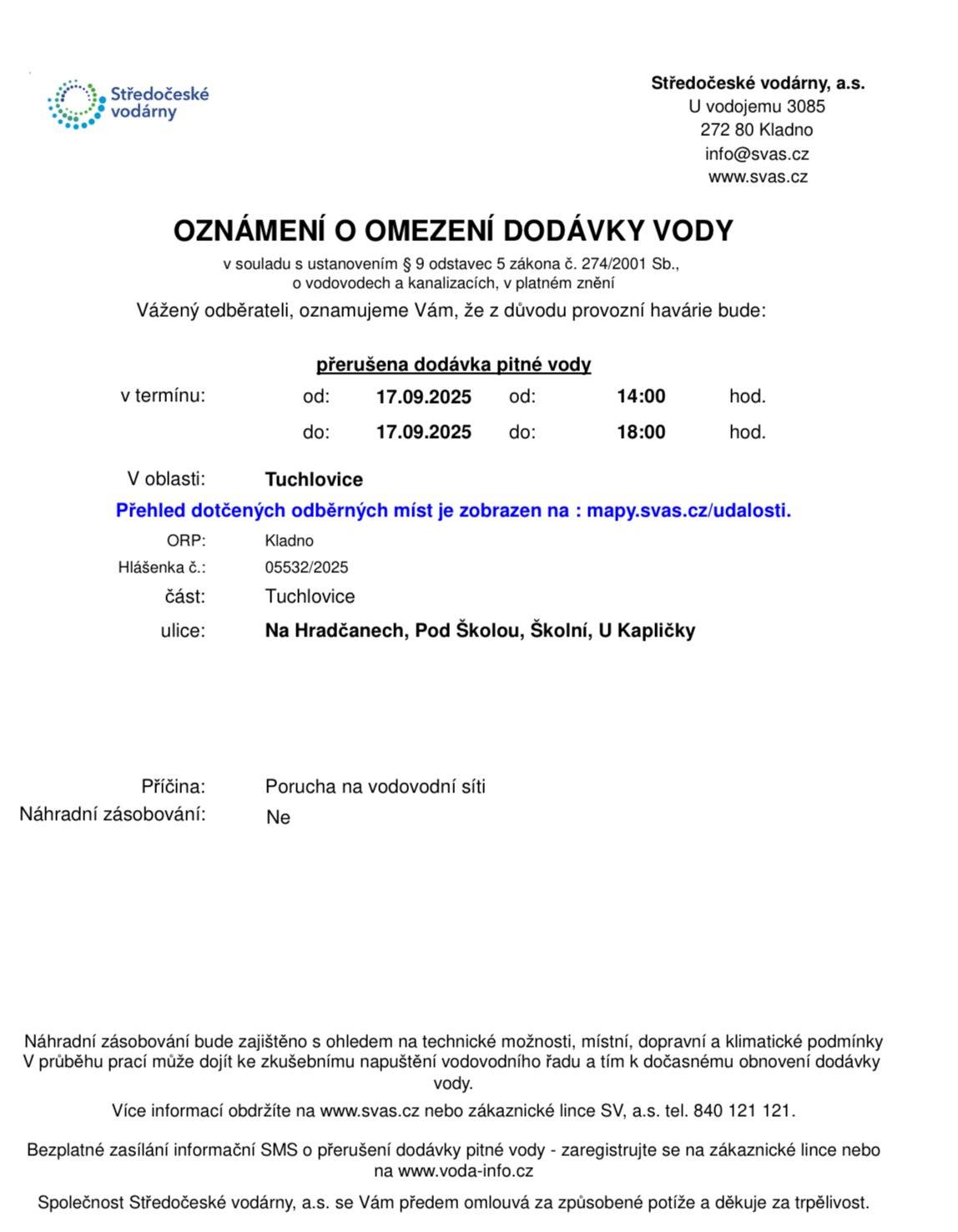 Obnovení dodávky vody je plánováno do 18:00