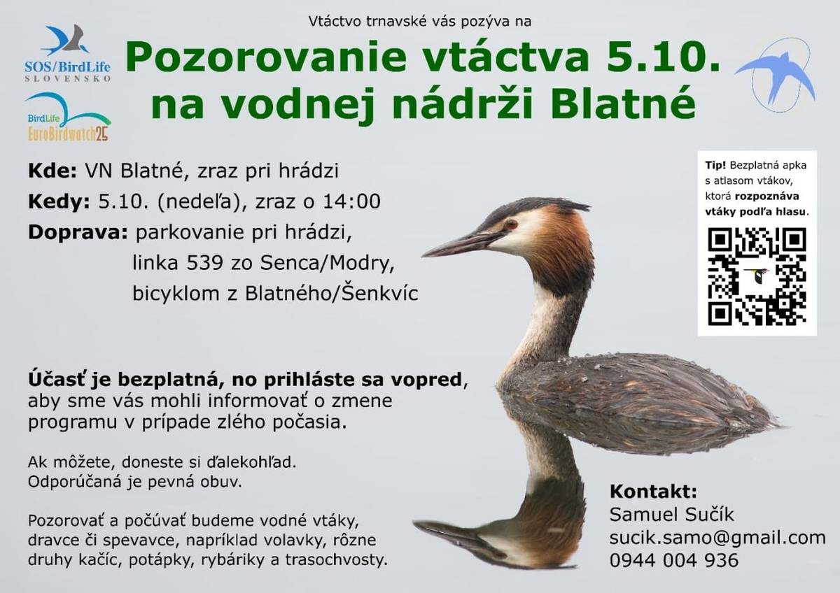 Dňa 05.10.2025 sa na vodnej nádrži Blatné uskutoční pozorovane vtáctva. Zraz je o 14:00 hodine. Bližšie informácie v priloženom plagáte.